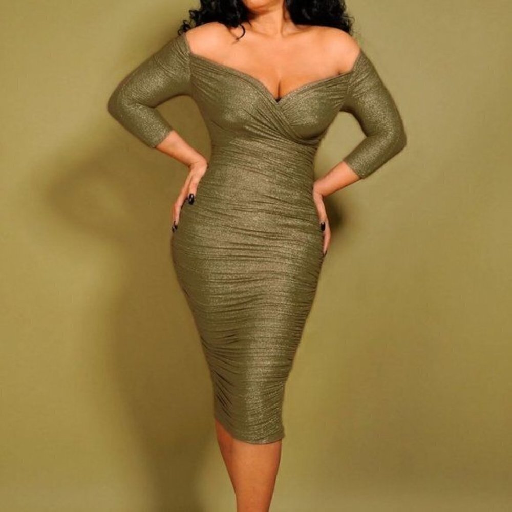 Laura Byrnes California Monica Pinup Ruched Wiggle Dress Gold Olive S